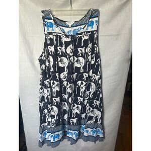 Crown & Ivy Women XL Navy Blue Elephant Monkey Print Sleeveless Tassel Tie Dress